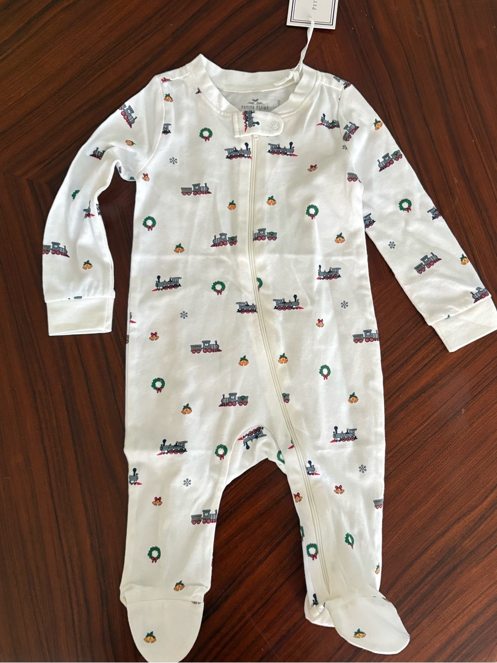 Petite Plume White Holiday Train Print Footed One-Piece for Kids 6-9 months. nWT